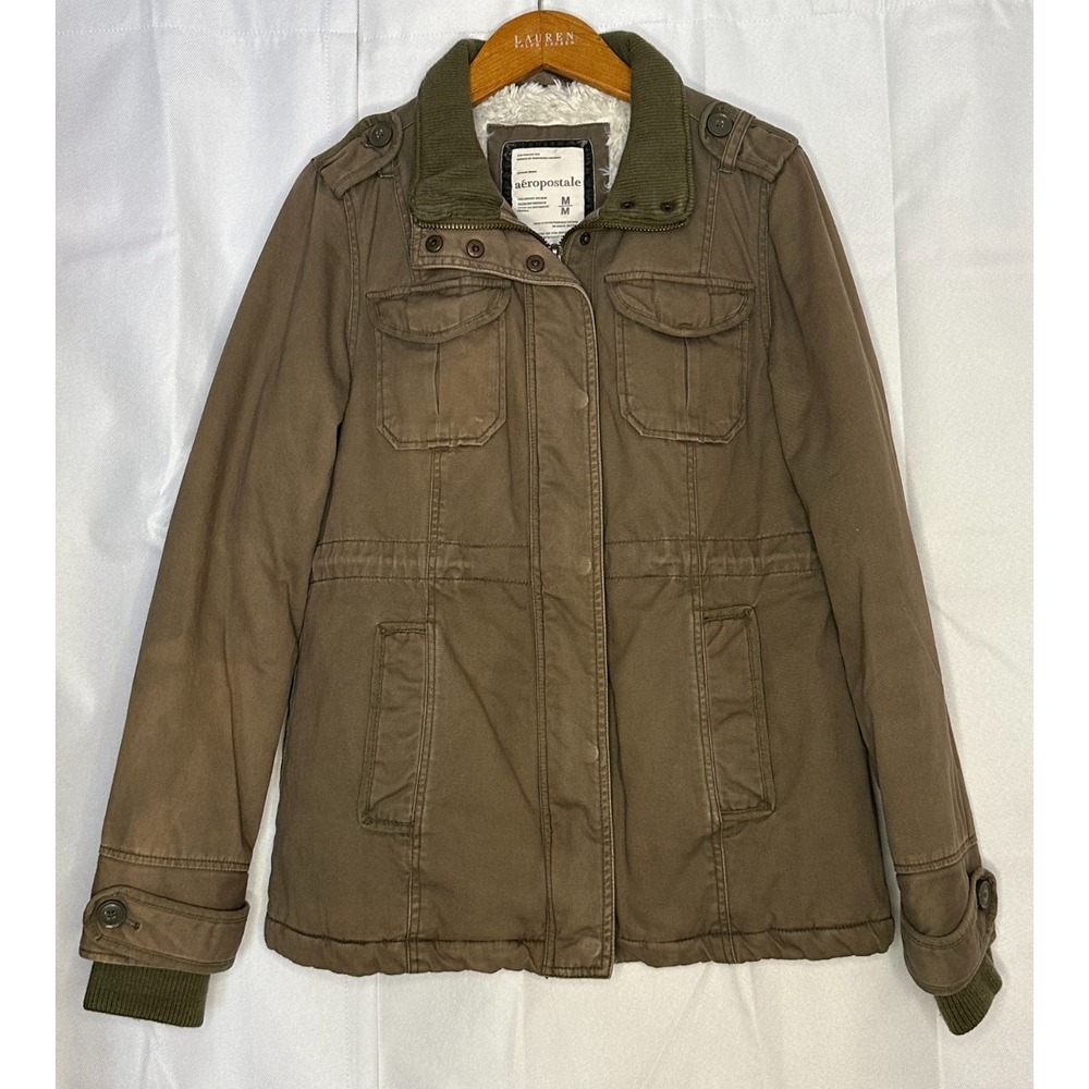 Aeropostale Womens M Sherpa Lined Military Field Jacket Brown Olive Y2K Utility